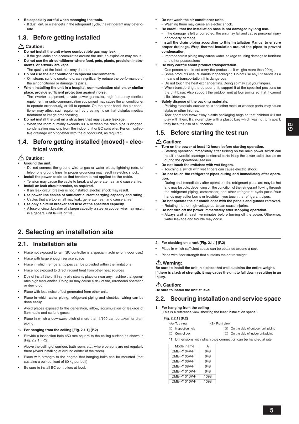 Selecting an installation site, Before getting installed, Before starting the test run | Installation site, Securing installation and service space | MITSUBISHI ELECTRIC BC CONTROLLER CMB-P-V-F User Manual | Page 5 / 60