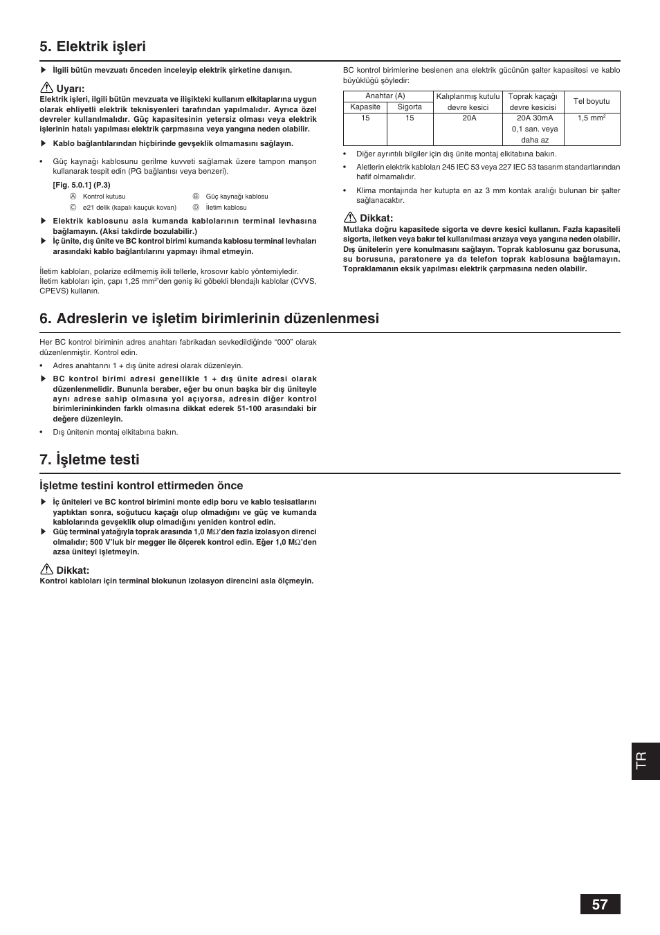 Elektrik iﬂleri, Adreslerin ve iﬂletim birimlerinin düzenlenmesi, ‹ﬂletme testi | FLletme testini kontrol ettirmeden önce | MITSUBISHI ELECTRIC BC CONTROLLER CMB-P-V-F User Manual | Page 57 / 60