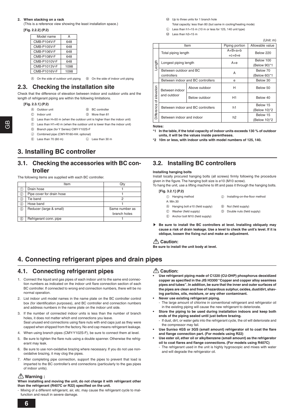 Installing bc controller, Connecting refrigerant pipes and drain pipes, Checking the accessories with bc con- troller | Checking the installation site, Installing bc controllers, Connecting refrigerant pipes | MITSUBISHI ELECTRIC BC CONTROLLER CMB-P-V-F User Manual | Page 6 / 60