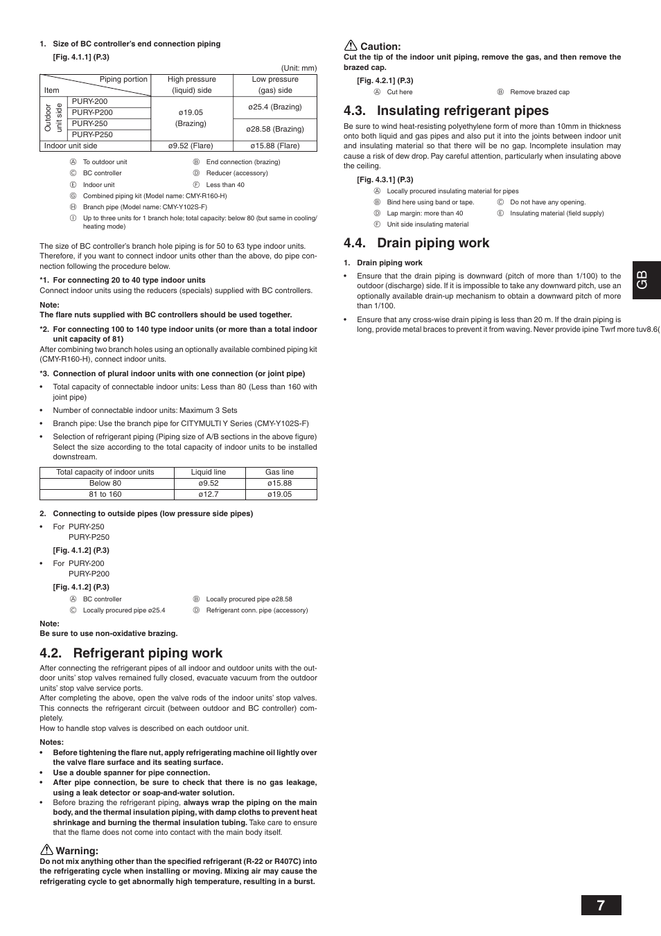 Refrigerant piping work, Insulating refrigerant pipes, Drain piping work | MITSUBISHI ELECTRIC BC CONTROLLER CMB-P-V-F User Manual | Page 7 / 60