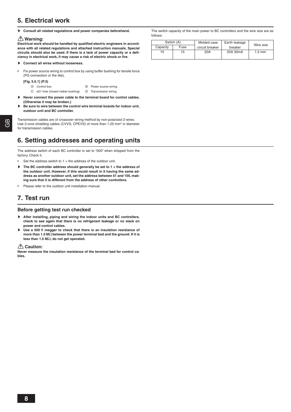 Electrical work, Setting addresses and operating units, Test run | Before getting test run checked | MITSUBISHI ELECTRIC BC CONTROLLER CMB-P-V-F User Manual | Page 8 / 60
