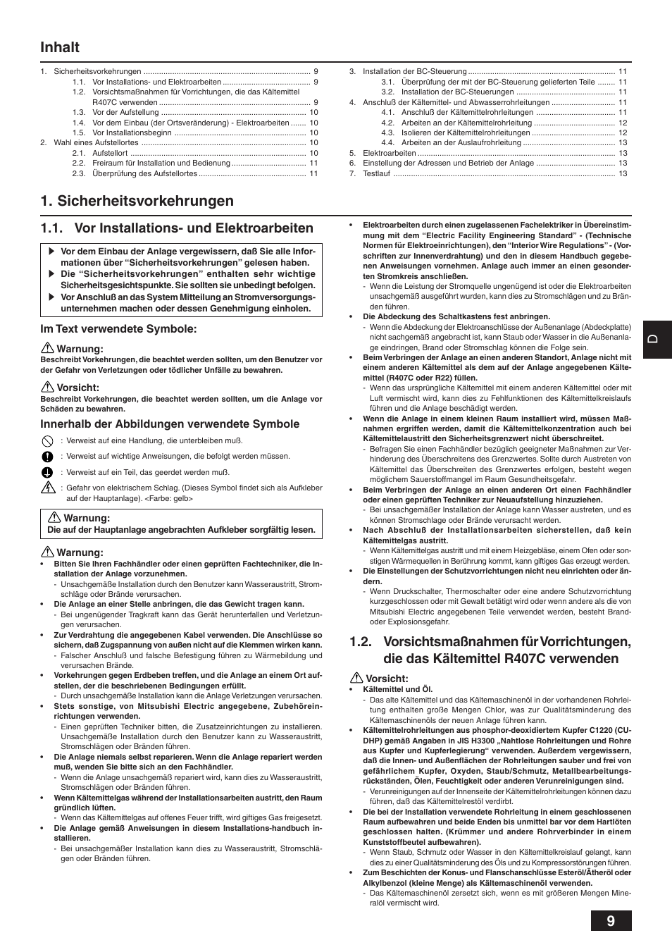 Inhalt 1. sicherheitsvorkehrungen, Vor installations- und elektroarbeiten | MITSUBISHI ELECTRIC BC CONTROLLER CMB-P-V-F User Manual | Page 9 / 60