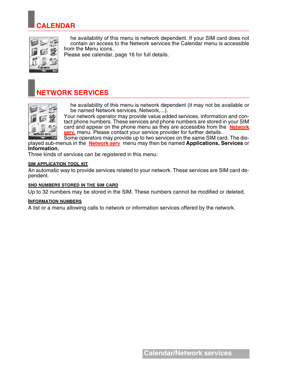 Calendar/network services, Calendar, Network services | MITSUBISHI ELECTRIC M341i User Manual | Page 49 / 80