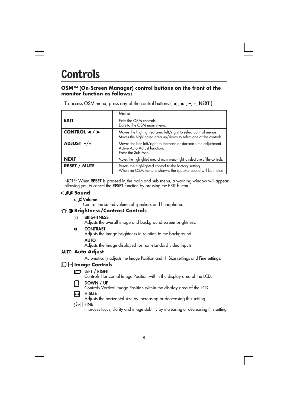 Controls | NEC MultiSync LCD 1720M User Manual | Page 10 / 26