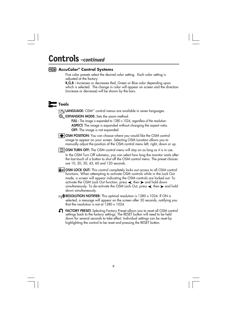 Controls, Continued | NEC MultiSync LCD 1720M User Manual | Page 11 / 26