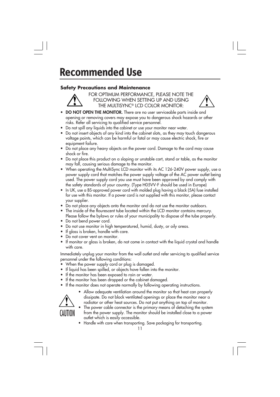 Recommended use, Caution | NEC MultiSync LCD 1720M User Manual | Page 13 / 26