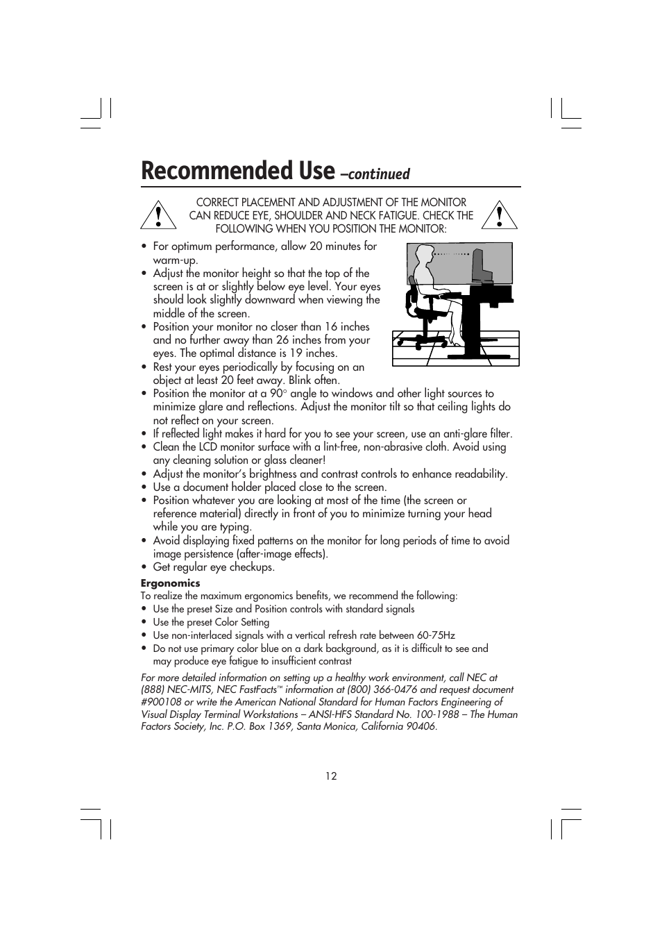 Recommended use, Continued | NEC MultiSync LCD 1720M User Manual | Page 14 / 26