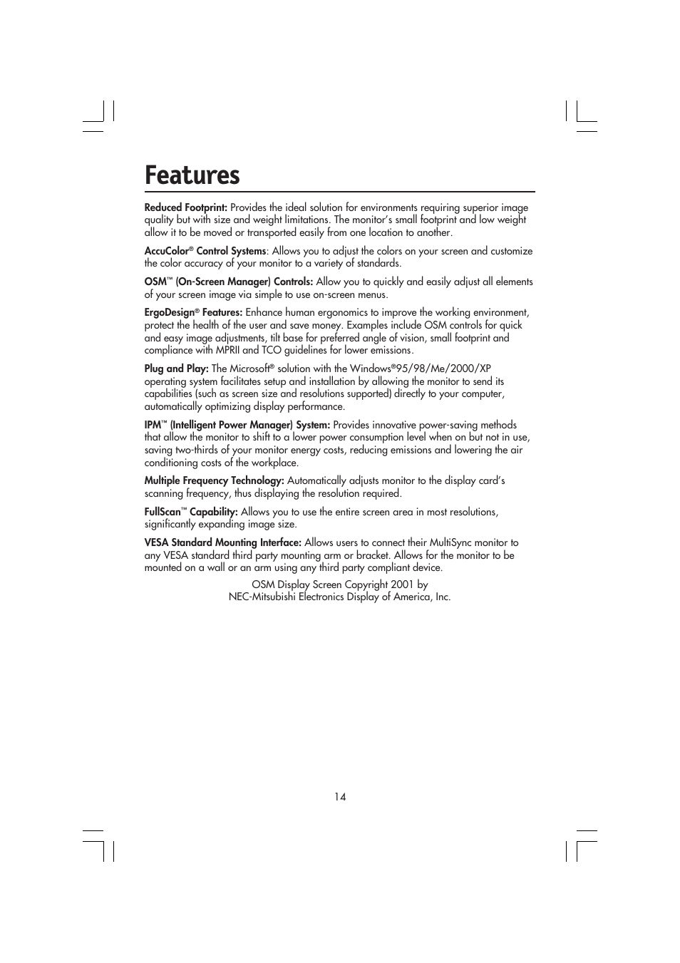 Features | NEC MultiSync LCD 1720M User Manual | Page 16 / 26
