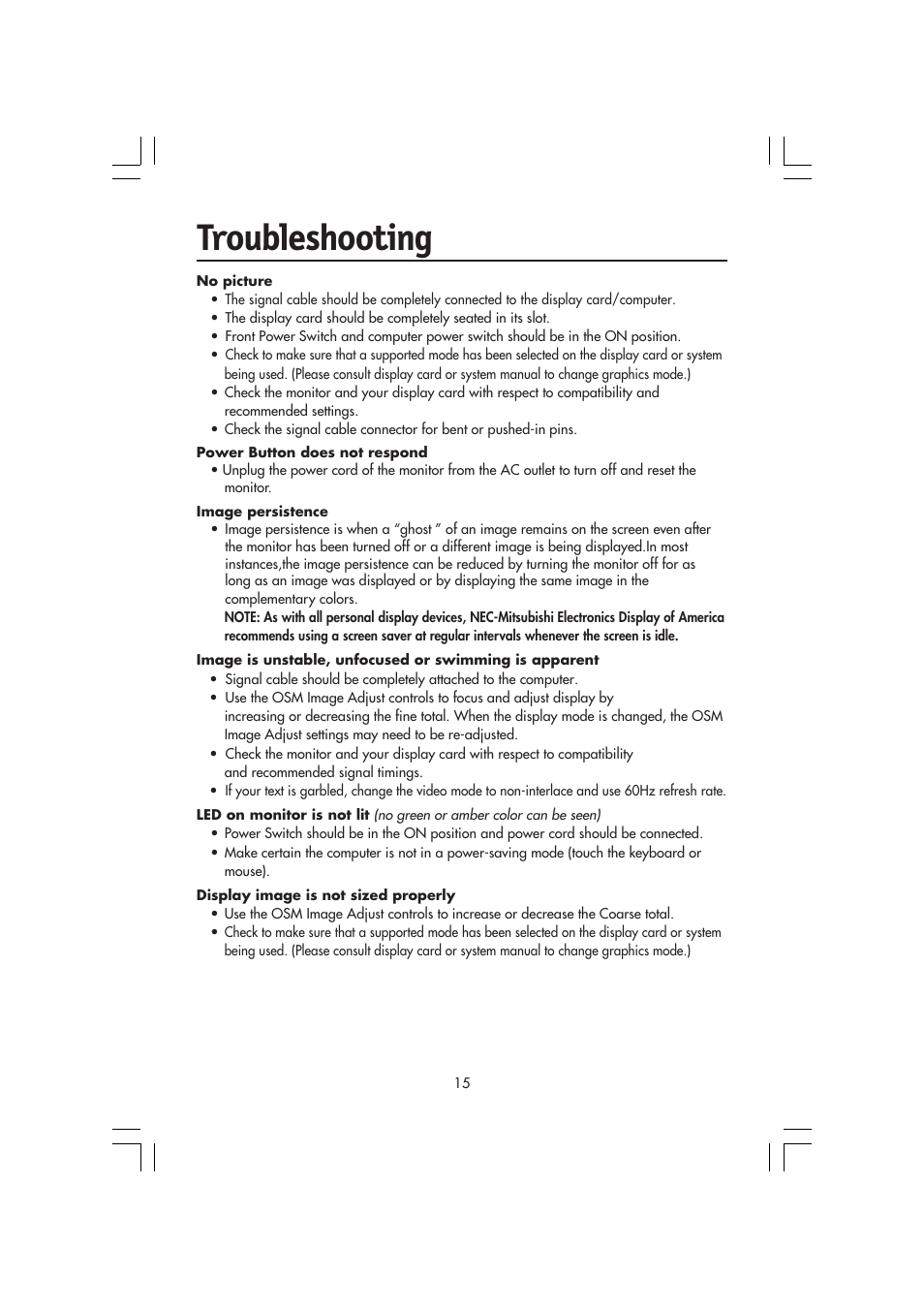 Troubleshooting | NEC MultiSync LCD 1720M User Manual | Page 17 / 26