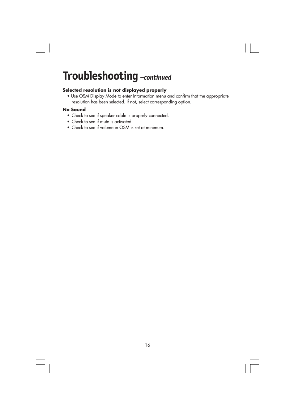 Troubleshooting, Continued | NEC MultiSync LCD 1720M User Manual | Page 18 / 26