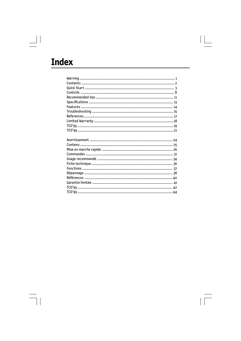 Index | NEC MultiSync LCD 1720M User Manual | Page 2 / 26