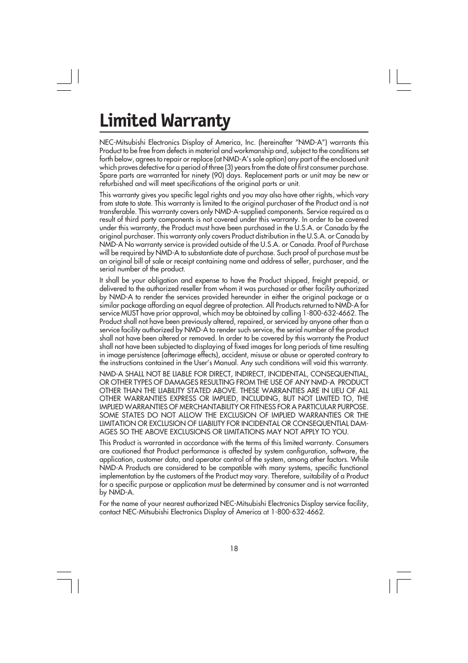 Limited warranty | NEC MultiSync LCD 1720M User Manual | Page 20 / 26