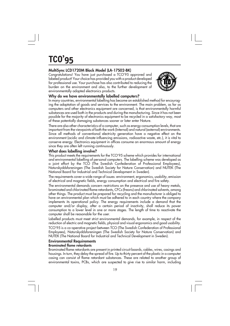 Tco’95 | NEC MultiSync LCD 1720M User Manual | Page 21 / 26