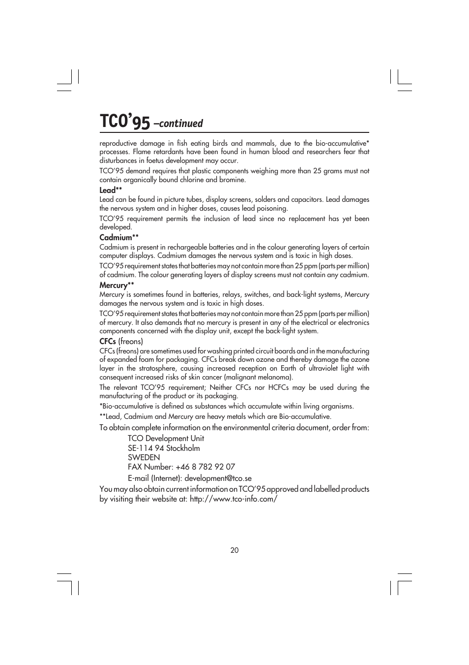 Tco’95, Continued | NEC MultiSync LCD 1720M User Manual | Page 22 / 26