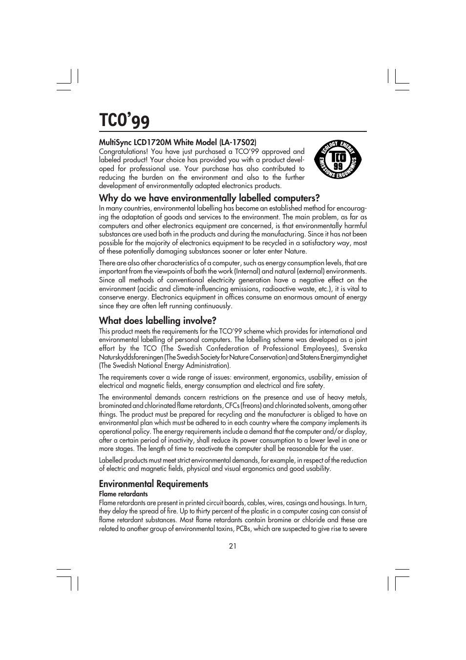 Tco’99 | NEC MultiSync LCD 1720M User Manual | Page 23 / 26