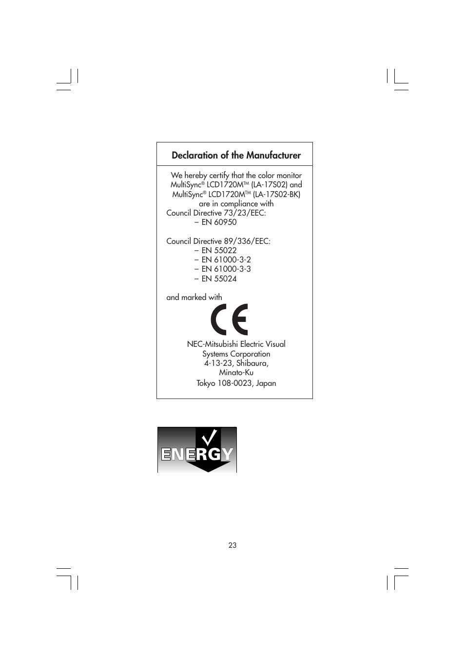 Declaration of the manufacturer | NEC MultiSync LCD 1720M User Manual | Page 25 / 26