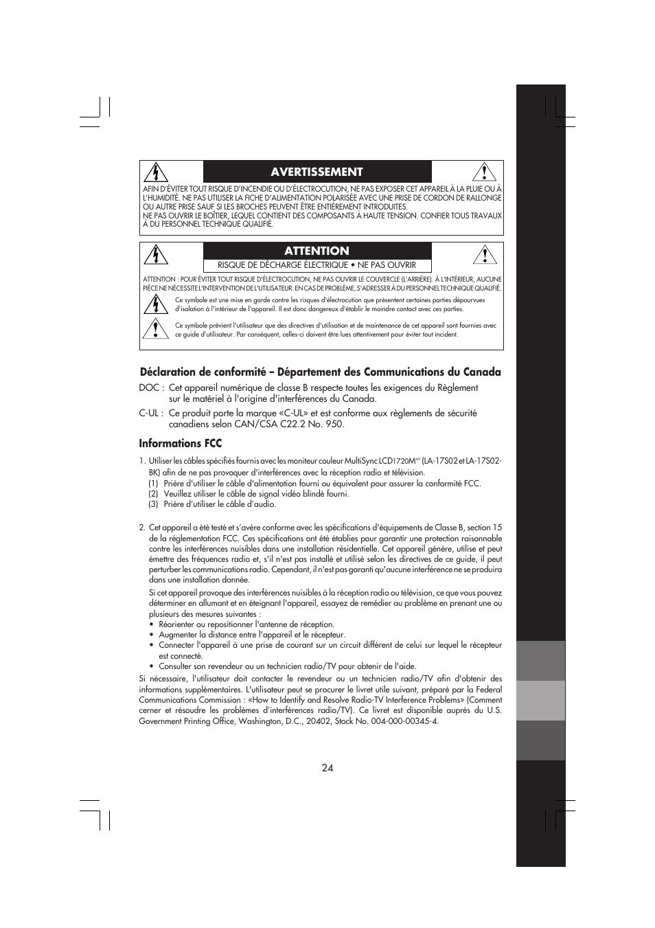 Avertissement attention, Informations fcc | NEC MultiSync LCD 1720M User Manual | Page 26 / 26