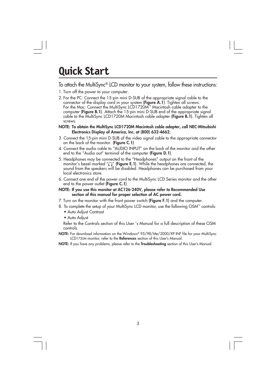 Quick start | NEC MultiSync LCD 1720M User Manual | Page 5 / 26