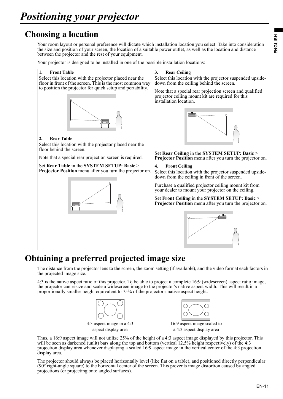 Positioning your projector, Choosing a location, Obtaining a preferred projected image size | MITSUBISHI ELECTRIC EX200U User Manual | Page 11 / 50