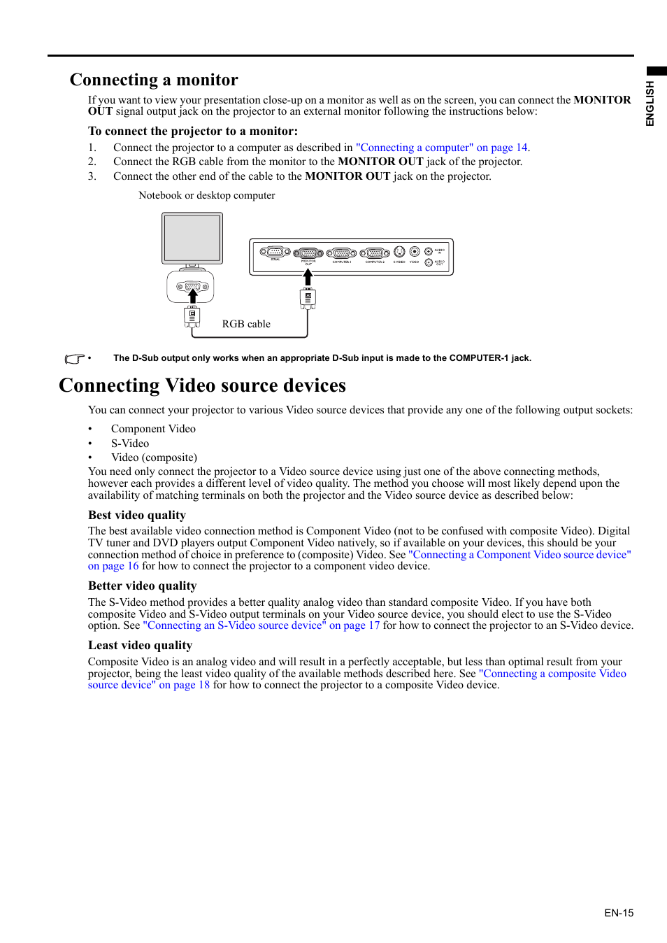 Connecting video source devices, Connecting a monitor | MITSUBISHI ELECTRIC EX200U User Manual | Page 15 / 50