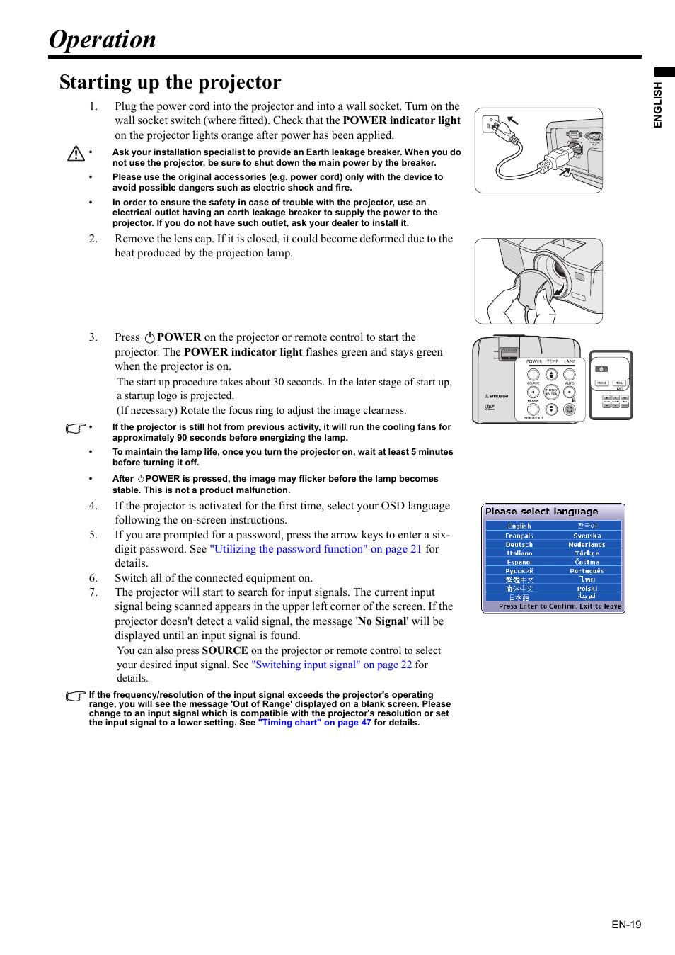 Operation, Starting up the projector | MITSUBISHI ELECTRIC EX200U User Manual | Page 19 / 50