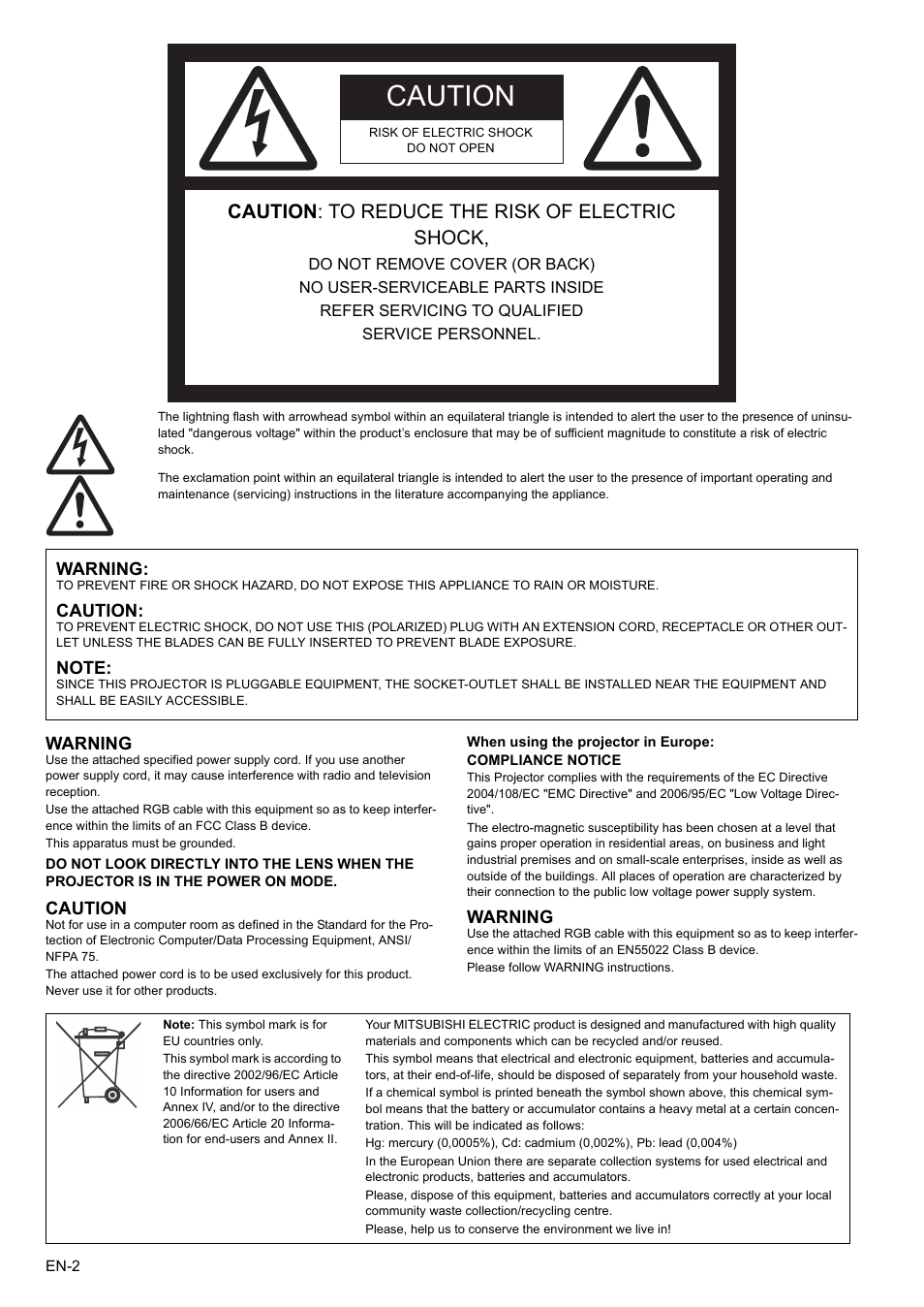 Caution, Caution : to reduce the risk of electric shock | MITSUBISHI ELECTRIC EX200U User Manual | Page 2 / 50