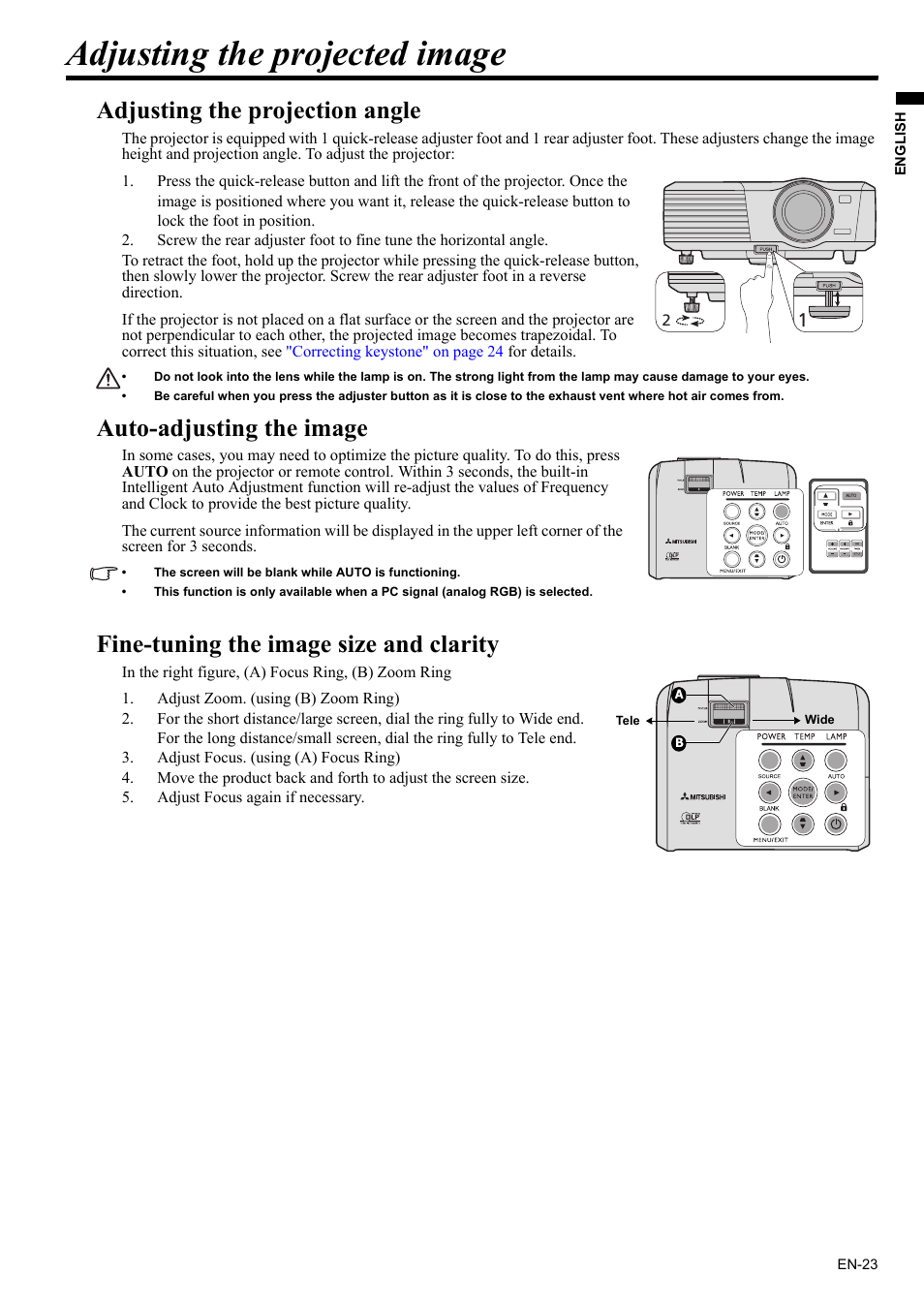 Adjusting the projected image, Fine, Fine-tuning the | For details, Auto-adjusting the image" on, Adjusting the projection angle, Auto-adjusting the image, Fine-tuning the image size and clarity | MITSUBISHI ELECTRIC EX200U User Manual | Page 23 / 50