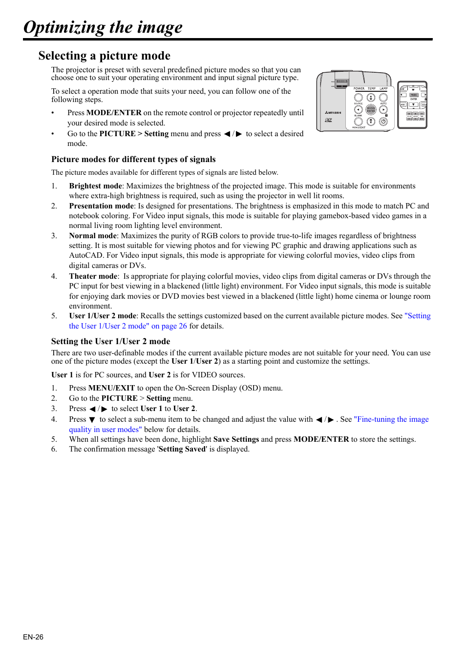 Optimizing the image, Selecting a, For details | Selecting a picture, For de, Selecting a picture mode | MITSUBISHI ELECTRIC EX200U User Manual | Page 26 / 50