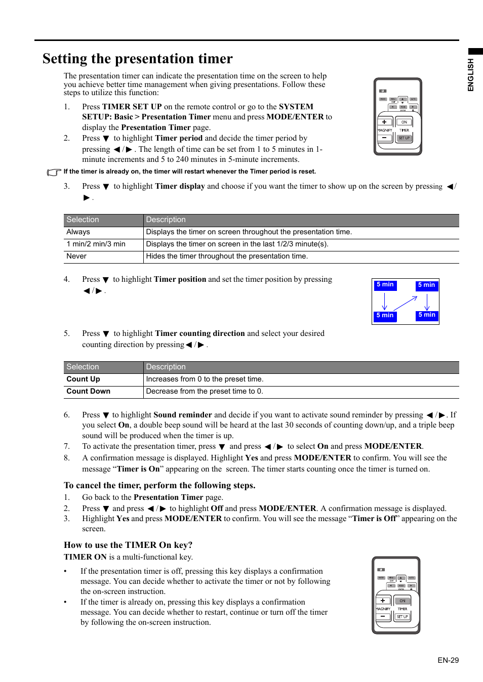 Setting the presentation timer, Setting. see, For details | Setting | MITSUBISHI ELECTRIC EX200U User Manual | Page 29 / 50