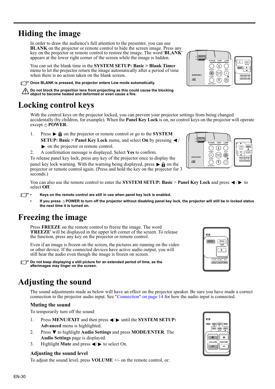 Hiding the image, Locking control keys, Freezing the image | Adjusting the sound, For details, Locking control keys" on, Nd level. see, Adjusting the sound" on, Adjusting | MITSUBISHI ELECTRIC EX200U User Manual | Page 30 / 50