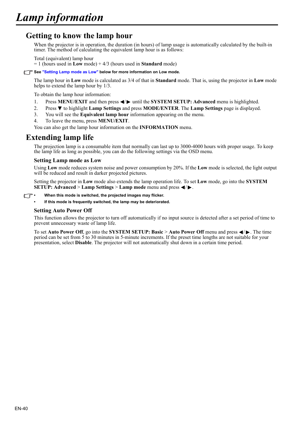 Lamp information, Setting auto power off" on, Getting to know the lamp hour | Extending lamp life | MITSUBISHI ELECTRIC EX200U User Manual | Page 40 / 50