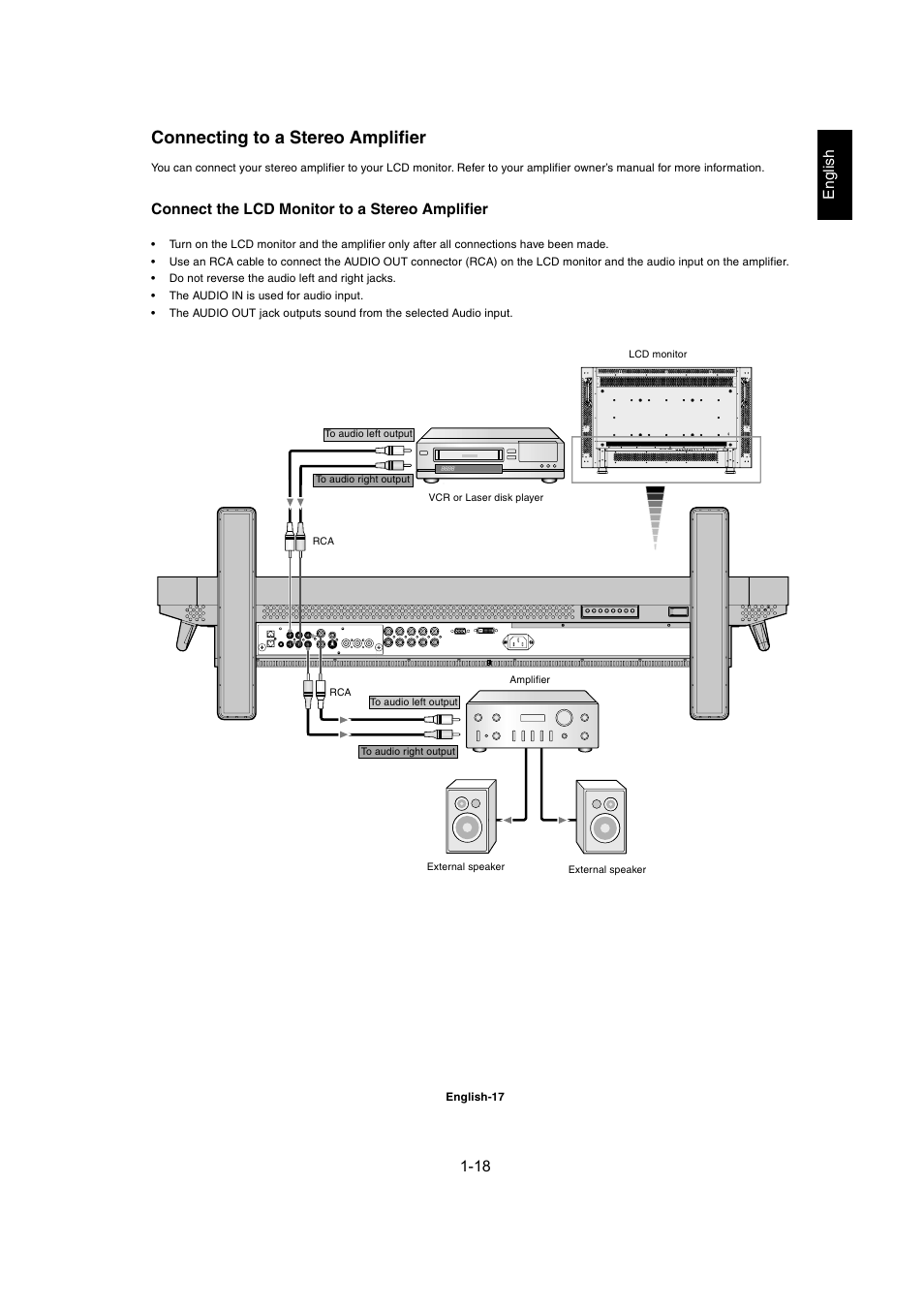 Connecting to a stereo amplifier, English, Connect the lcd monitor to a stereo amplifier | MITSUBISHI ELECTRIC MDT402S User Manual | Page 18 / 37