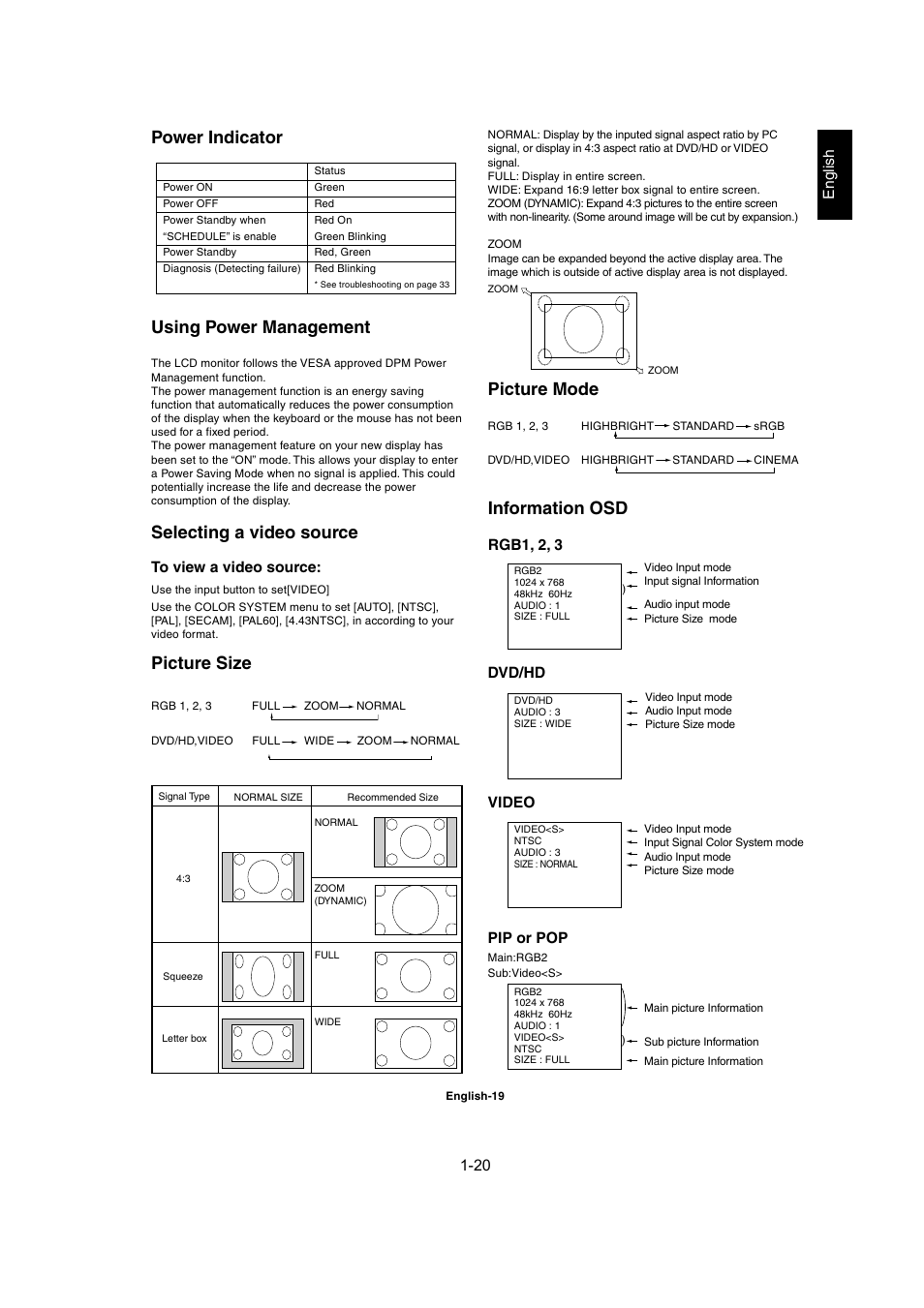 Power indicator using power management, Selecting a video source, Picture size | Information osd, Picture mode | MITSUBISHI ELECTRIC MDT402S User Manual | Page 20 / 37