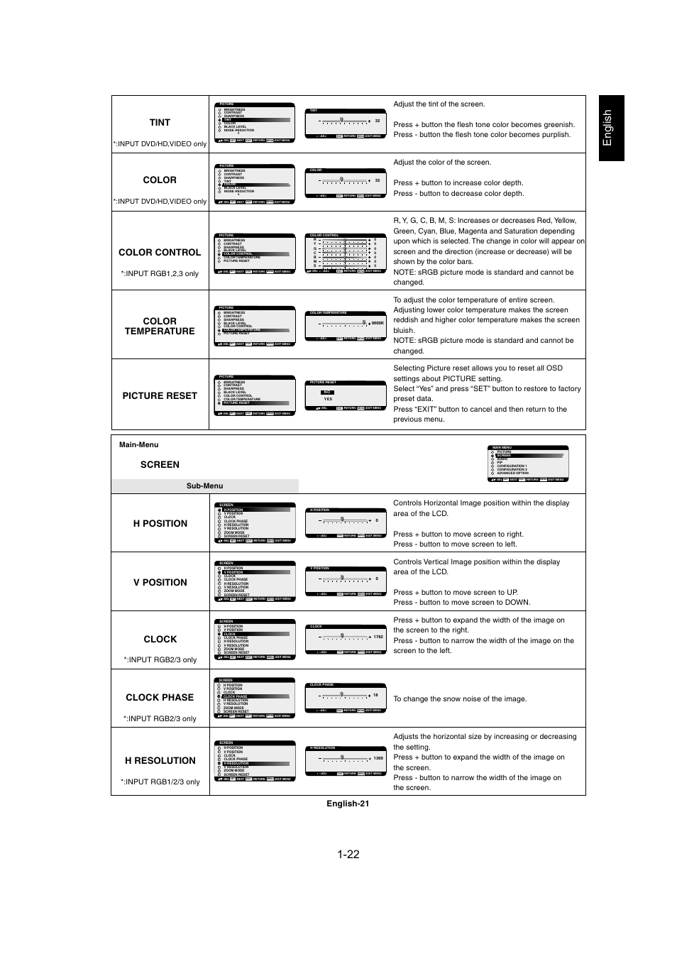 English, Color control, Color temperature picture reset | Screen, H position v position clock, Clock phase, H resolution, Tint, Color, English-21 | MITSUBISHI ELECTRIC MDT402S User Manual | Page 22 / 37