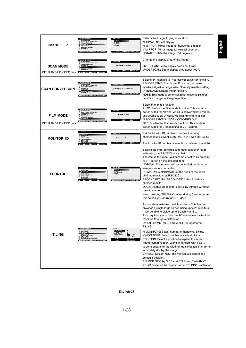 English, Film mode, Image flip | English-27, Input dvd/hd,video only | MITSUBISHI ELECTRIC MDT402S User Manual | Page 28 / 37