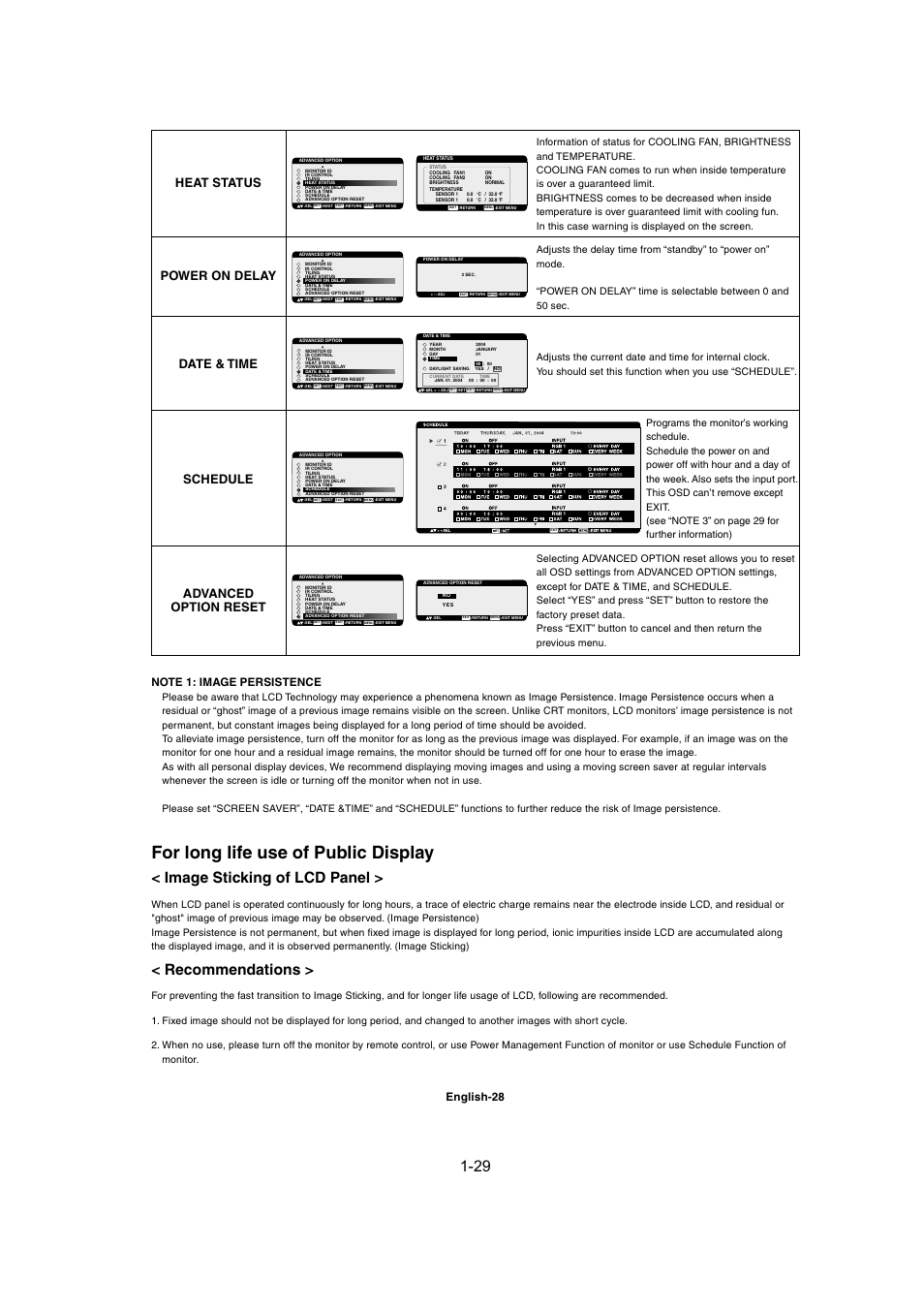 For long life use of public display, Image sticking of lcd panel, Recommendations | Heat status date & time schedule, Advanced option reset, Power on delay, English-28 | MITSUBISHI ELECTRIC MDT402S User Manual | Page 29 / 37