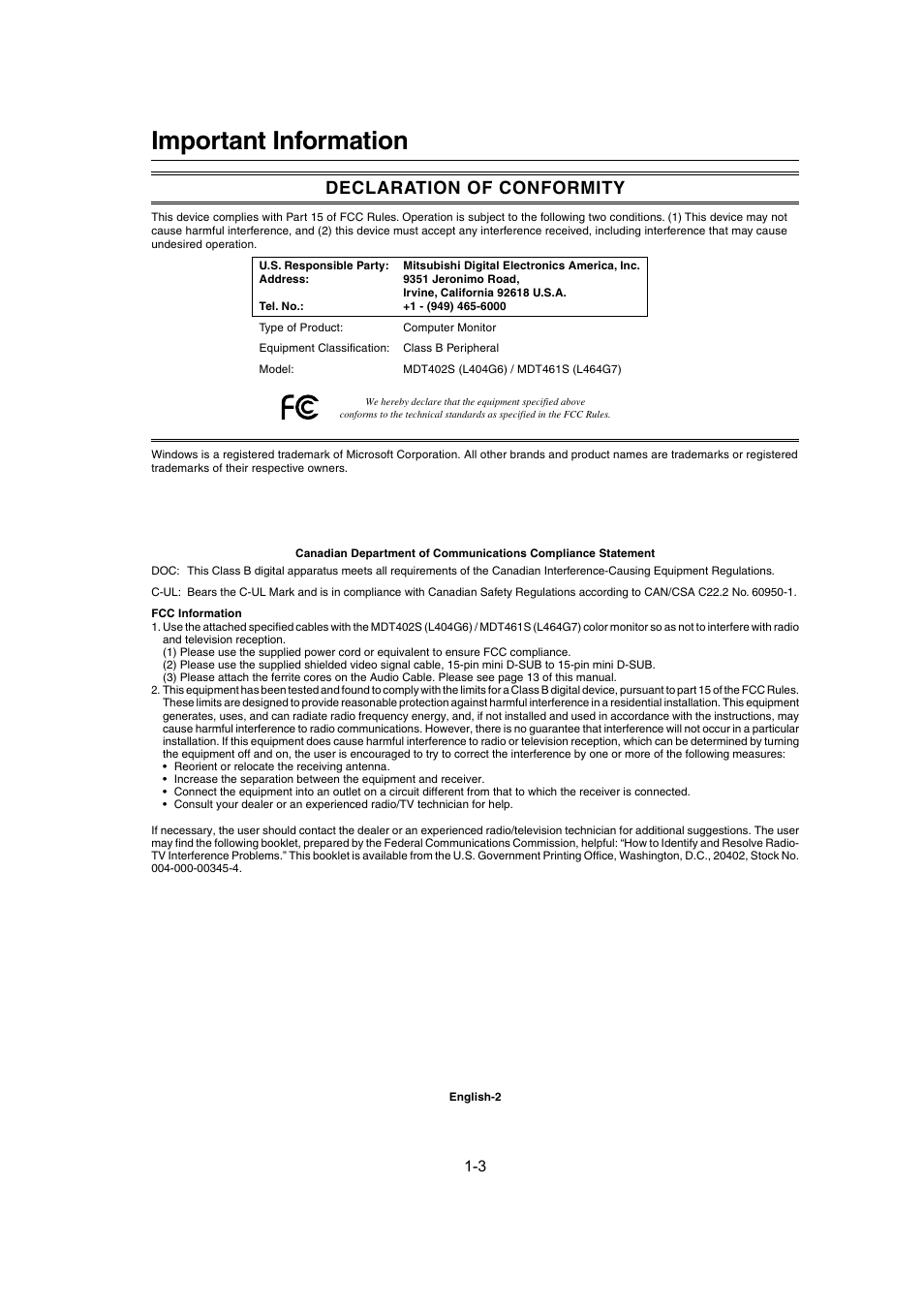 Important information, Declaration of conformity | MITSUBISHI ELECTRIC MDT402S User Manual | Page 3 / 37