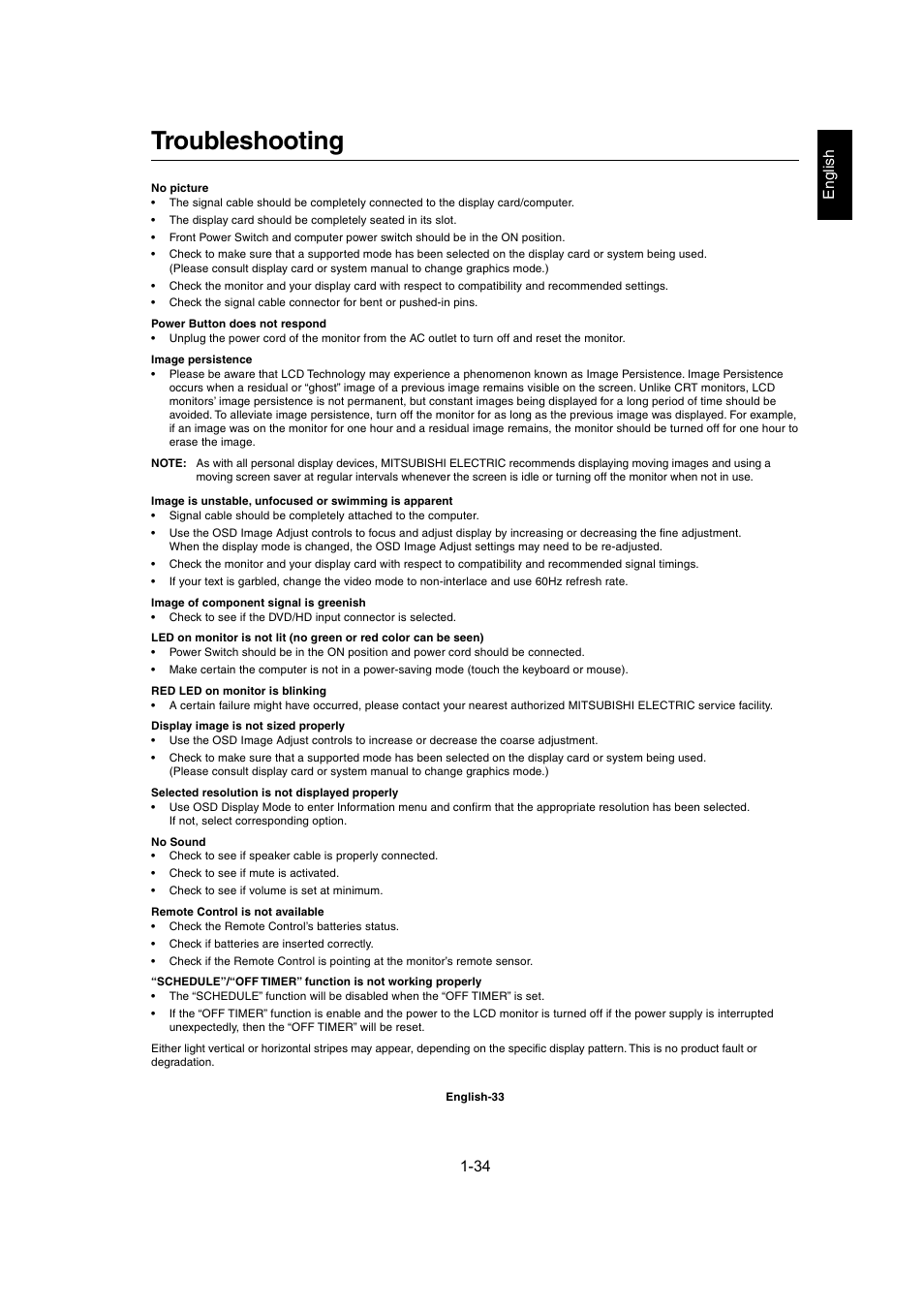 Troubleshooting, English | MITSUBISHI ELECTRIC MDT402S User Manual | Page 34 / 37