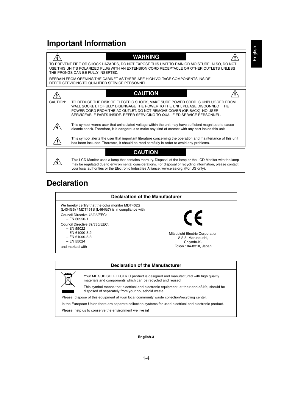 Declaration, Important information, Caution | Warning caution | MITSUBISHI ELECTRIC MDT402S User Manual | Page 4 / 37