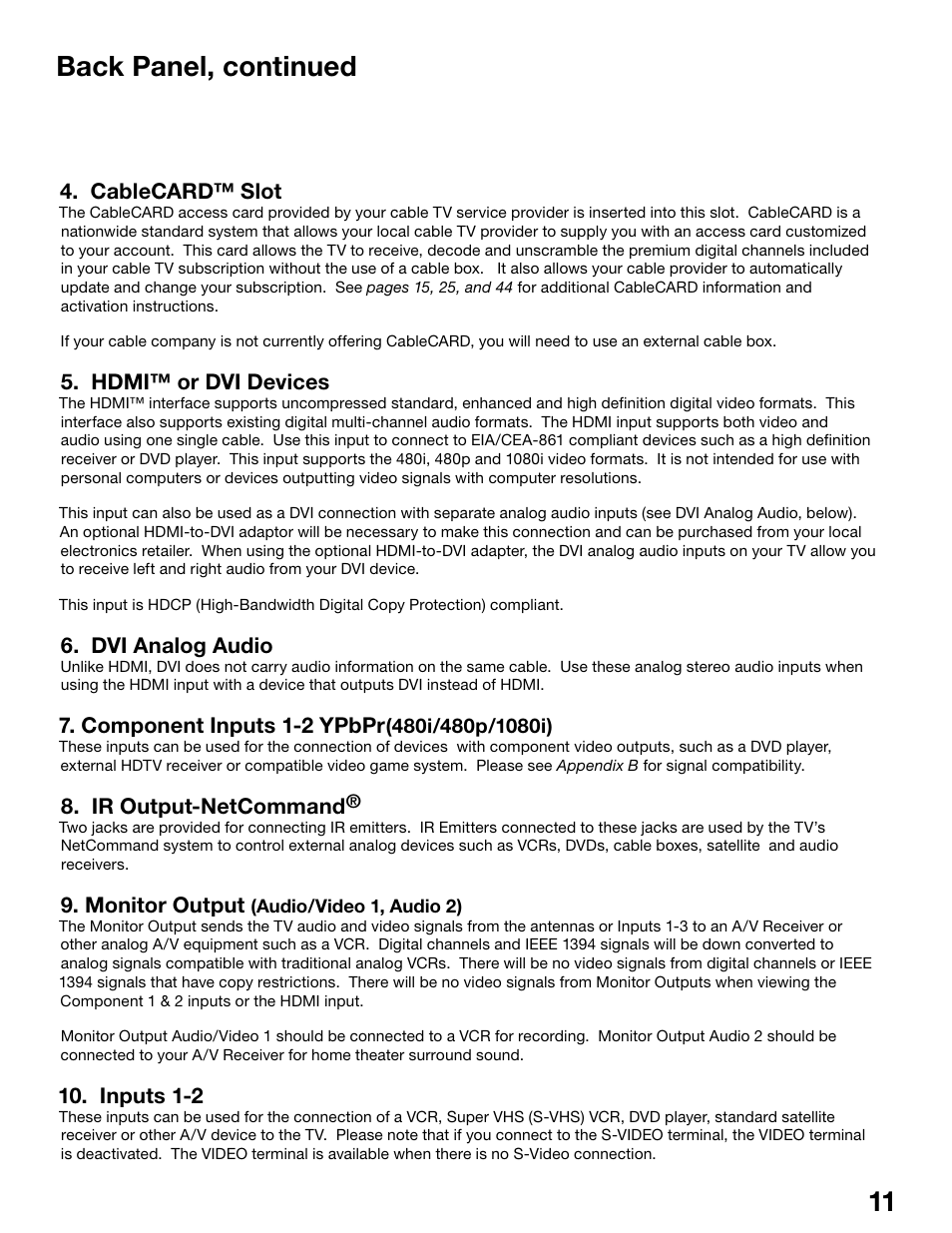 10 11 back panel, continued | MITSUBISHI ELECTRIC WS-55815 User Manual | Page 11 / 100