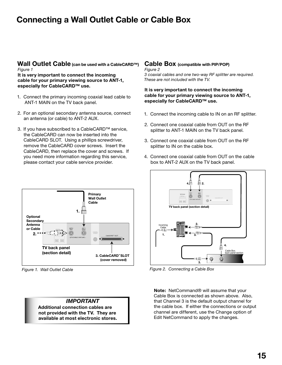 Connecting a wall outlet cable or cable box, Wall outlet cable, Cable box | Important, Can be used with a cablecard™) figure 1, Figure 1. wall outlet cable, Figure 2. connecting a cable box | MITSUBISHI ELECTRIC WS-55815 User Manual | Page 15 / 100