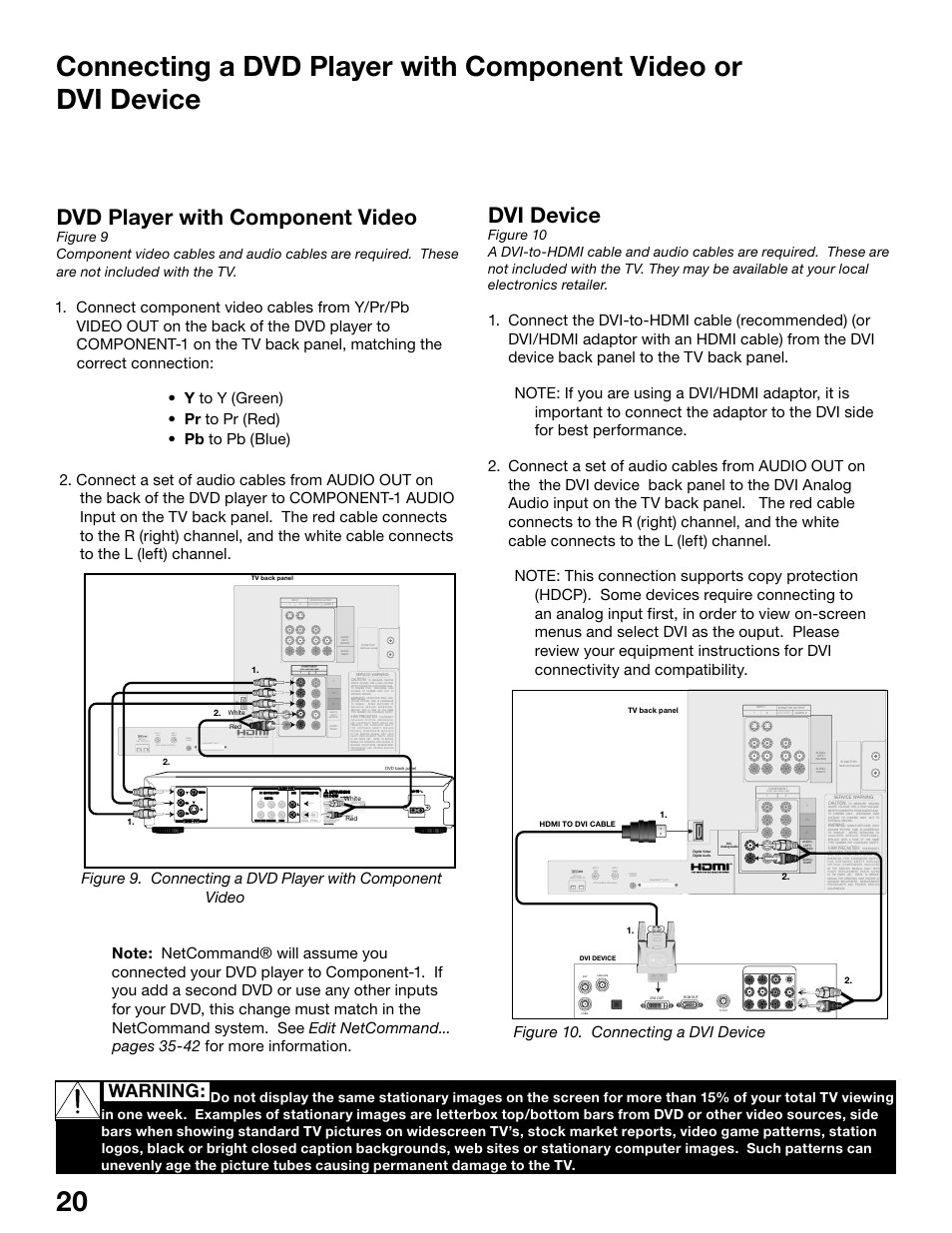 Dvd player with component video, Dvi device, Warning | Figure 10. connecting a dvi device, Ieee1394 | MITSUBISHI ELECTRIC WS-55815 User Manual | Page 20 / 100