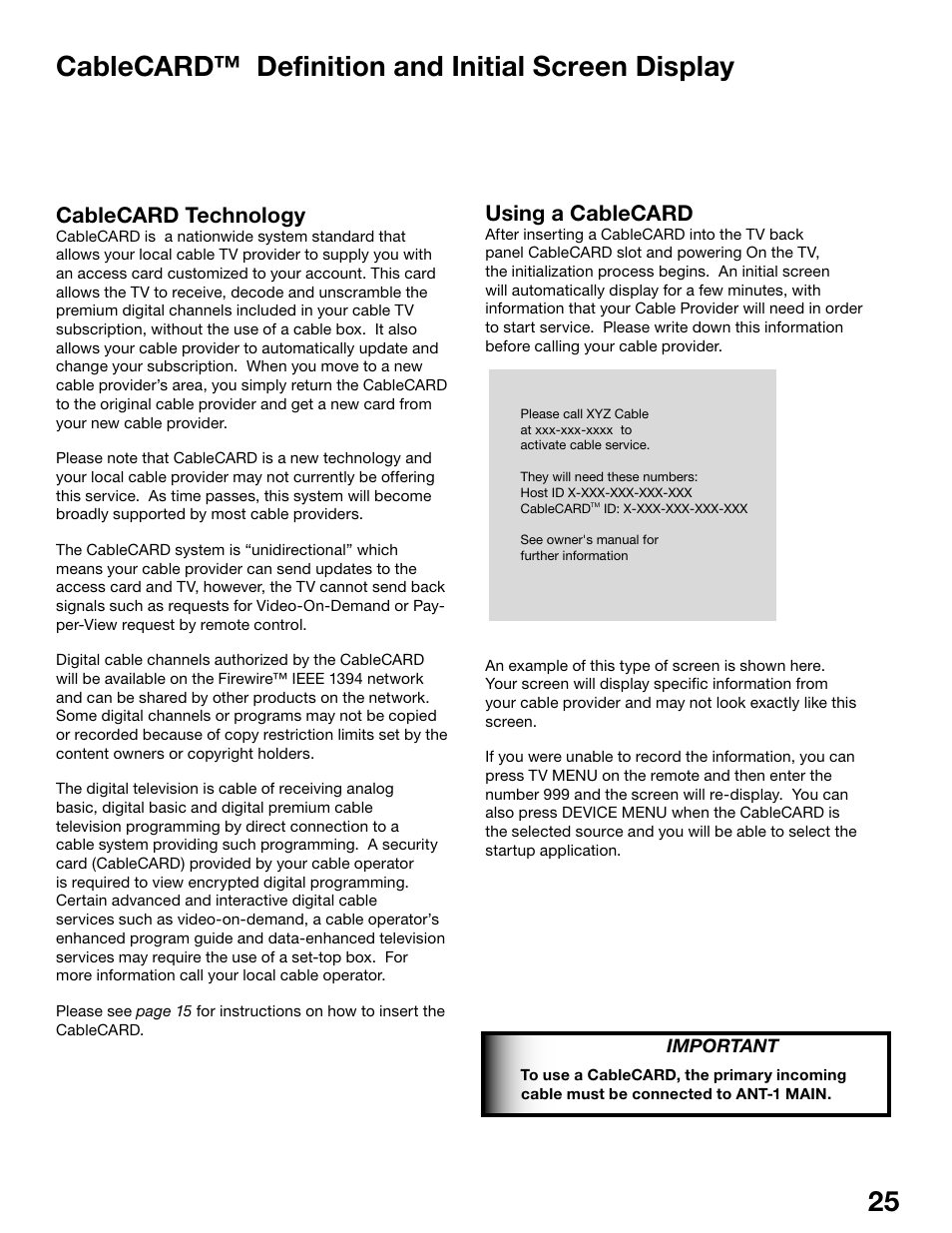 Cablecard™ definition and initial screen display, Cablecard technology, Using a cablecard | MITSUBISHI ELECTRIC WS-55815 User Manual | Page 25 / 100