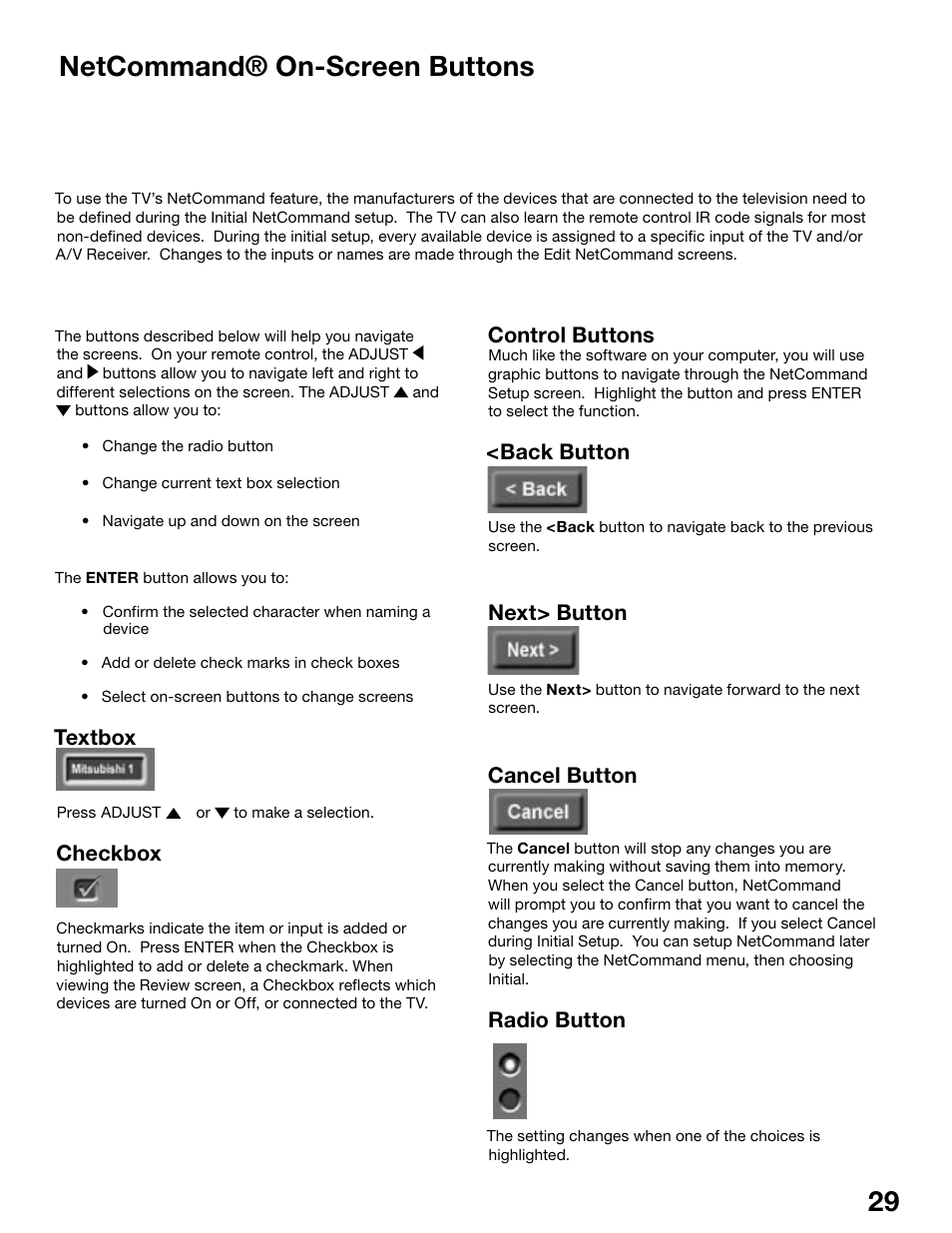 Netcommand® on-screen buttons, Textbox, Checkbox | Control buttons, Back button, Next> button, Cancel button, Radio button | MITSUBISHI ELECTRIC WS-55815 User Manual | Page 29 / 100