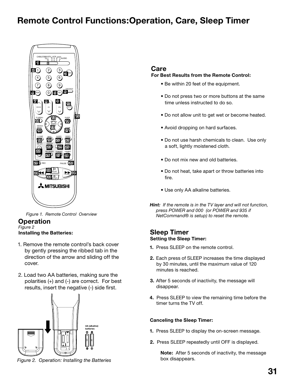 Operation, Sleep timer, Care | Figure 2. operation: installing the batteries, Installing the batteries | MITSUBISHI ELECTRIC WS-55815 User Manual | Page 31 / 100