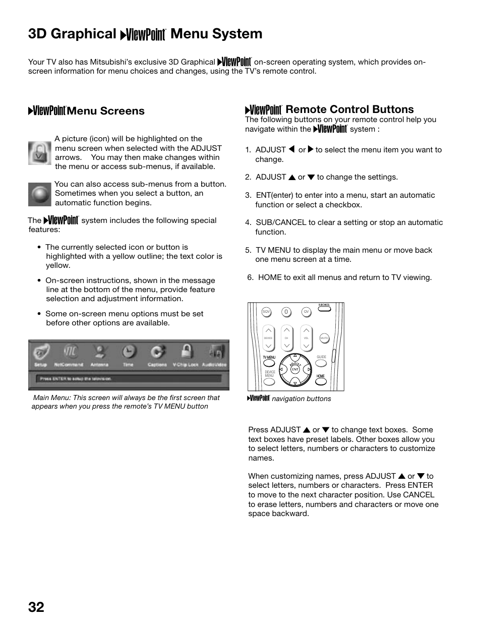 3d graphical menu system, Remote control buttons, Menu screens | MITSUBISHI ELECTRIC WS-55815 User Manual | Page 32 / 100