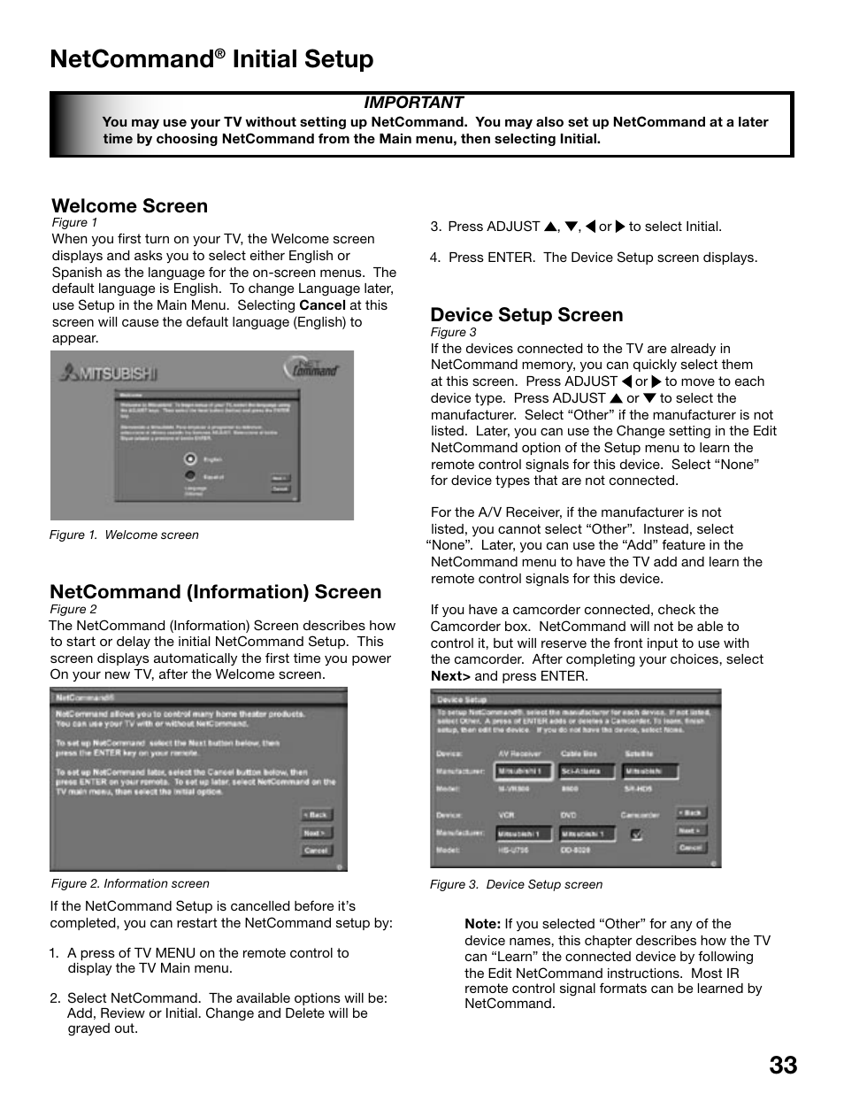 32 33 netcommand, Initial setup, Welcome screen | Netcommand (information) screen, Device setup screen | MITSUBISHI ELECTRIC WS-55815 User Manual | Page 33 / 100