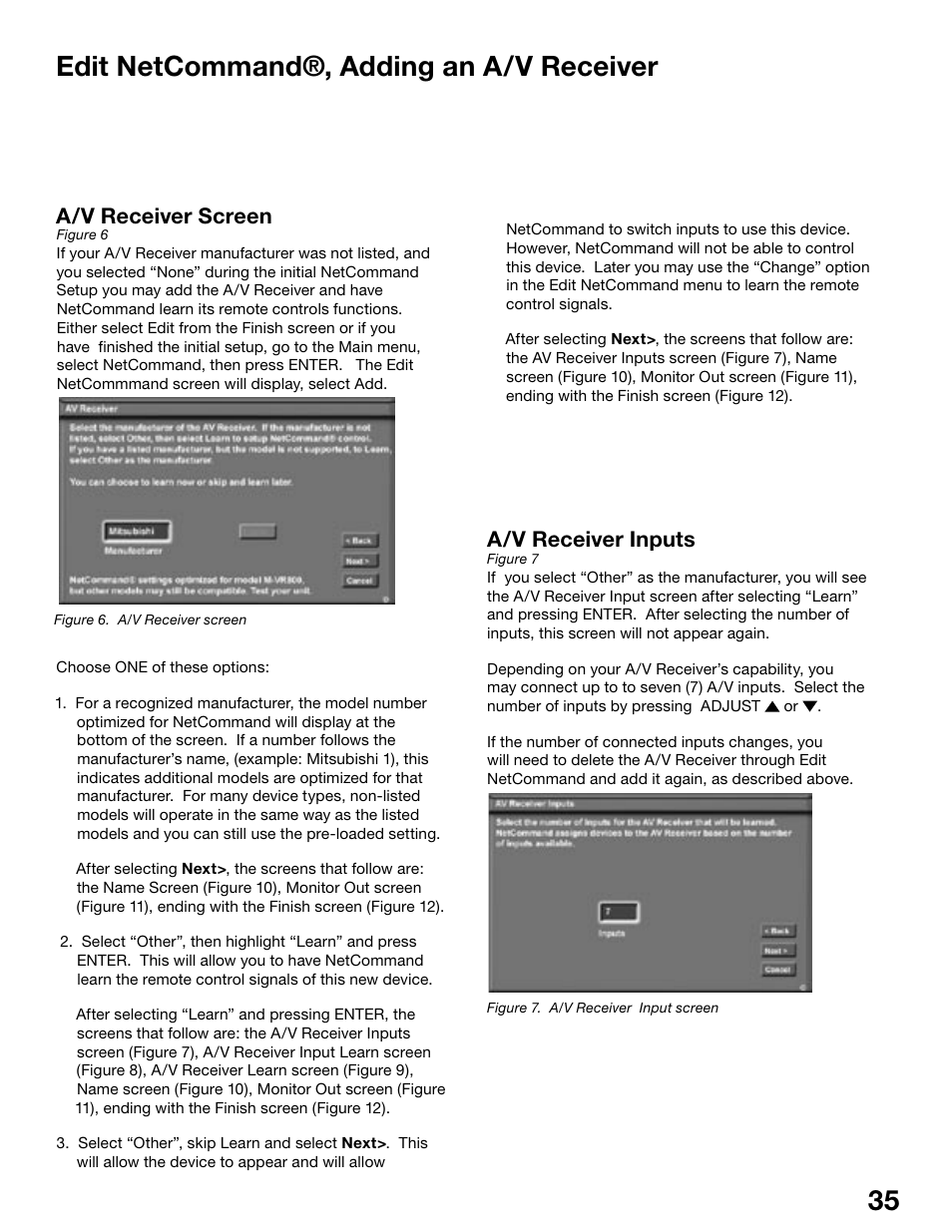 34 35 edit netcommand®, adding an a/v receiver, A/v receiver screen, A/v receiver inputs | MITSUBISHI ELECTRIC WS-55815 User Manual | Page 35 / 100