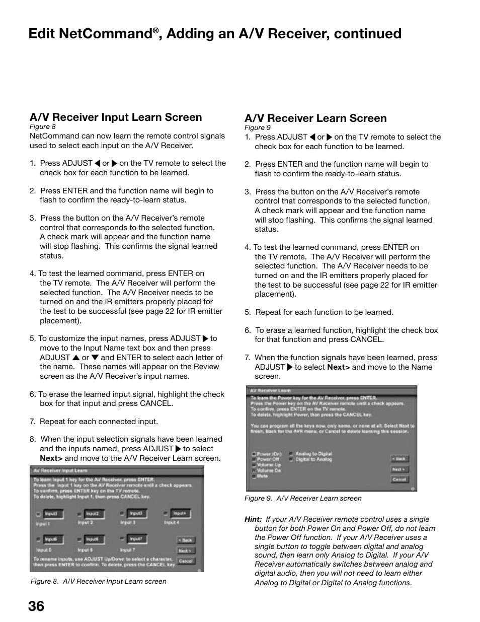 36 37 edit netcommand, Adding an a/v receiver, continued, A/v receiver learn screen | A/v receiver input learn screen | MITSUBISHI ELECTRIC WS-55815 User Manual | Page 36 / 100