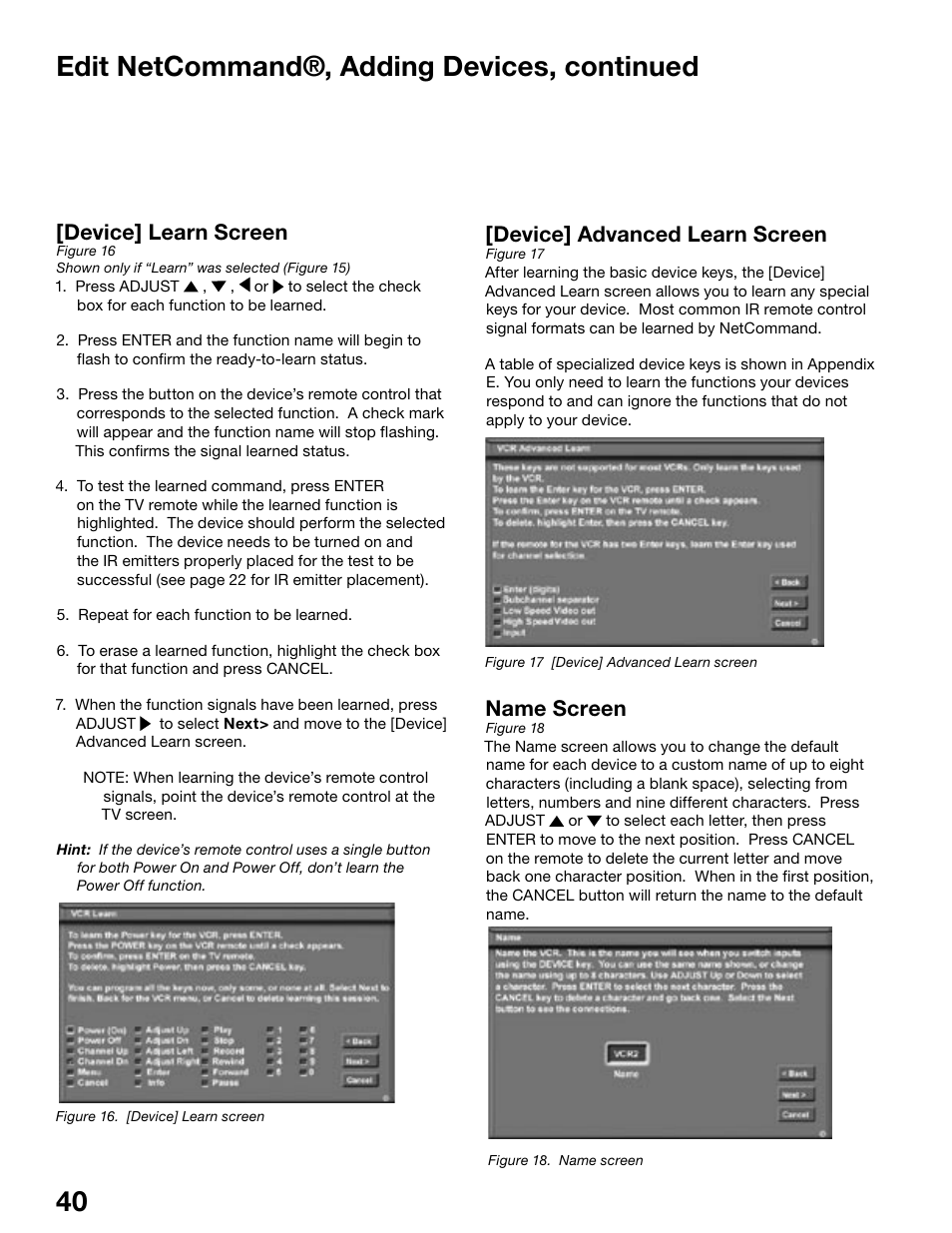 40 41 edit netcommand®, adding devices, continued, Name screen, Device] advanced learn screen | Device] learn screen | MITSUBISHI ELECTRIC WS-55815 User Manual | Page 40 / 100